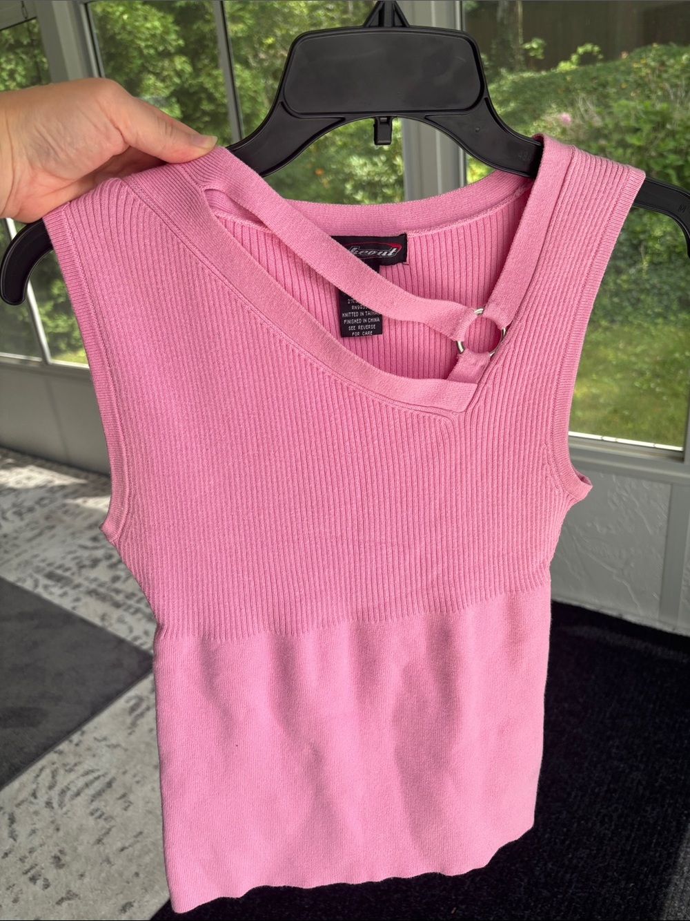 Takeout Pink Asymmetric Ribbed Knit Tank with Ring Detail